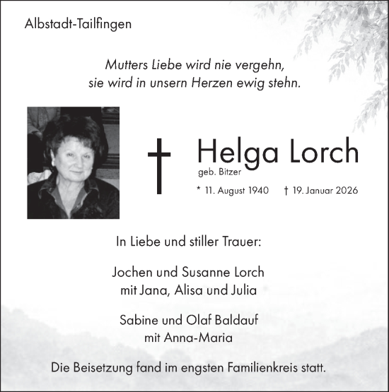 Traueranzeige von Helga Lorch von SÜDWEST PRESSE Zollernalbkreis