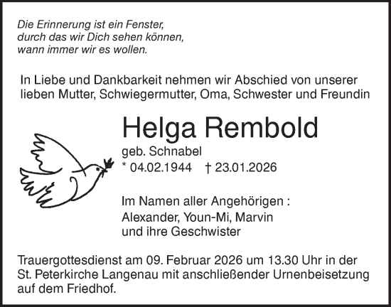 Traueranzeige von Helga Rembold von SÜDWEST PRESSE Ausgabe Ulm/Neu-Ulm/Ehingen