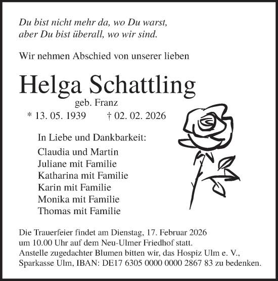 Traueranzeige von Helga Schattling von SÜDWEST PRESSE Ausgabe Ulm/Neu-Ulm/Ehingen