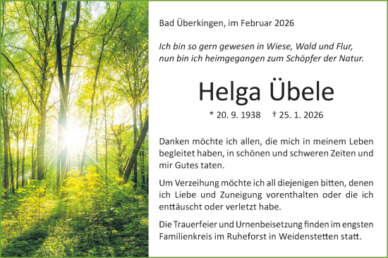 Traueranzeige von Helga Übele von Geislinger Zeitung