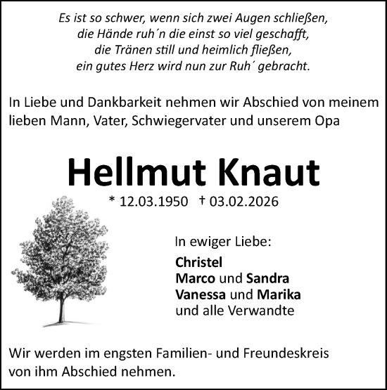 Traueranzeige von Hellmut Knaut von SÜDWEST PRESSE Ausgabe Ulm/Neu-Ulm/Ehingen