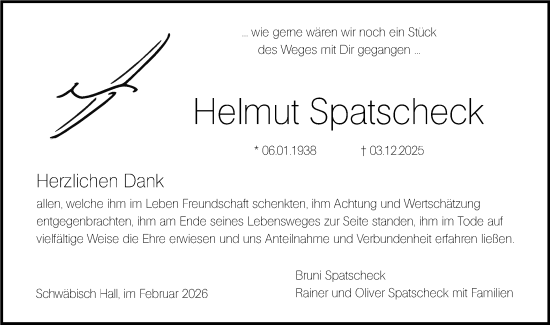 Traueranzeige von Helmut Spatscheck von Haller Tagblatt