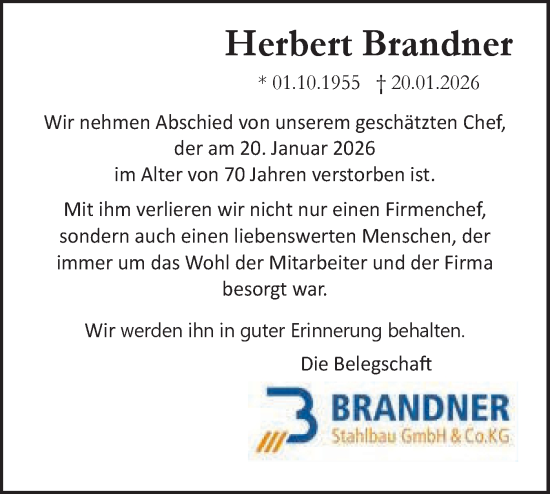 Traueranzeige von Herbert Brandner von SÜDWEST PRESSE Ausgabe Ulm/Neu-Ulm/Ehingen