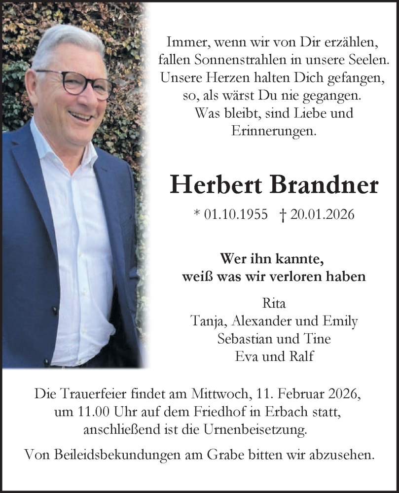  Traueranzeige für Herbert Brandner vom 06.02.2026 aus SÜDWEST PRESSE Ausgabe Ulm/Neu-Ulm/Ehingen