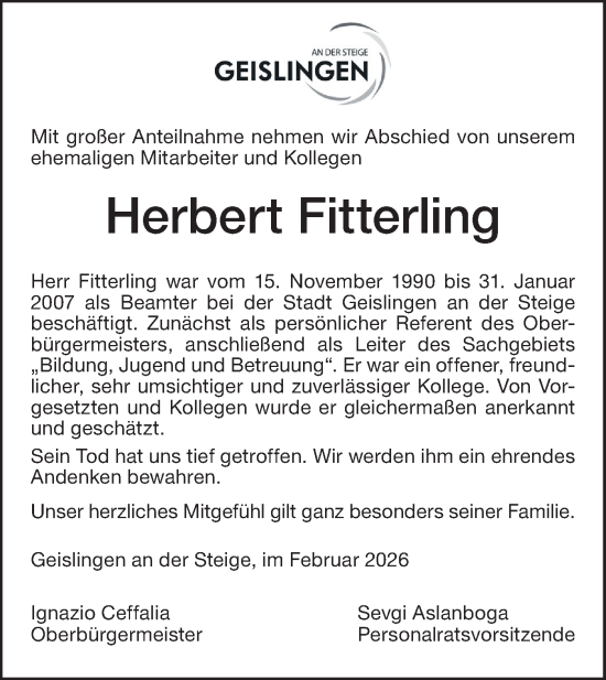 Traueranzeige von Herbert Fitterling von Geislinger Zeitung