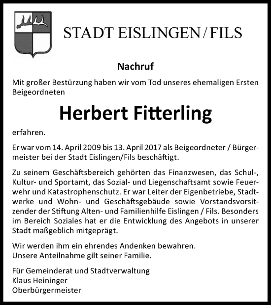 Traueranzeige von Herbert Fitterling von NWZ Neue Württembergische Zeitung