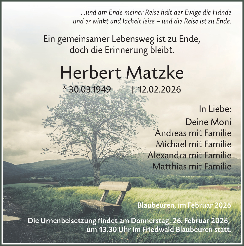  Traueranzeige für Herbert Matzke vom 20.02.2026 aus Das Blaumännle