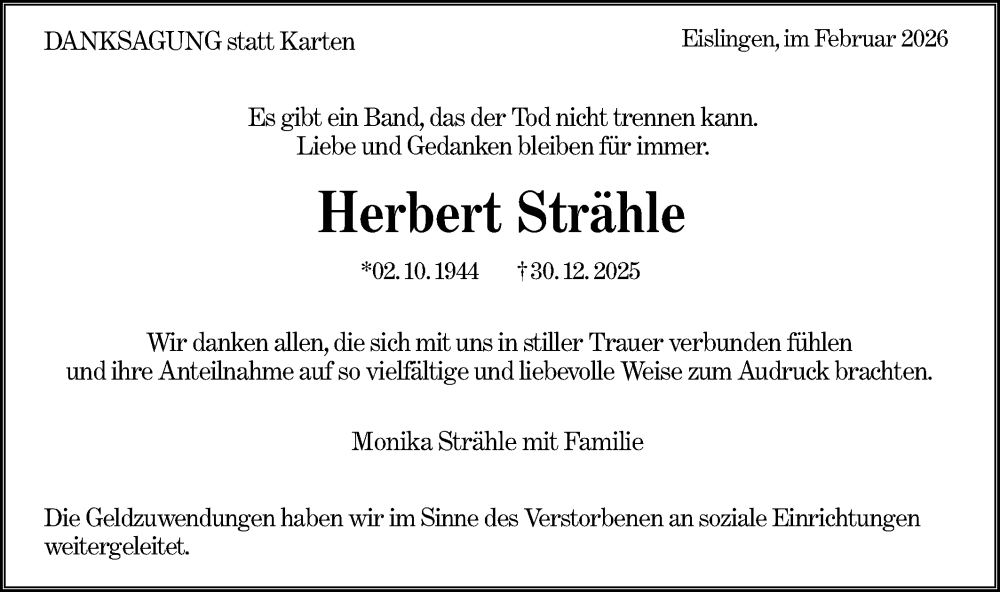  Traueranzeige für Herbert Strähle vom 13.02.2026 aus NWZ Neue Württembergische Zeitung