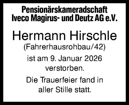 Traueranzeige von Hermann Hirschle von SÜDWEST PRESSE Ausgabe Ulm/Neu-Ulm/Ehingen