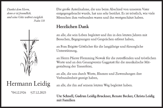 Traueranzeige von Hermann Leidig von Hohenloher Tagblatt