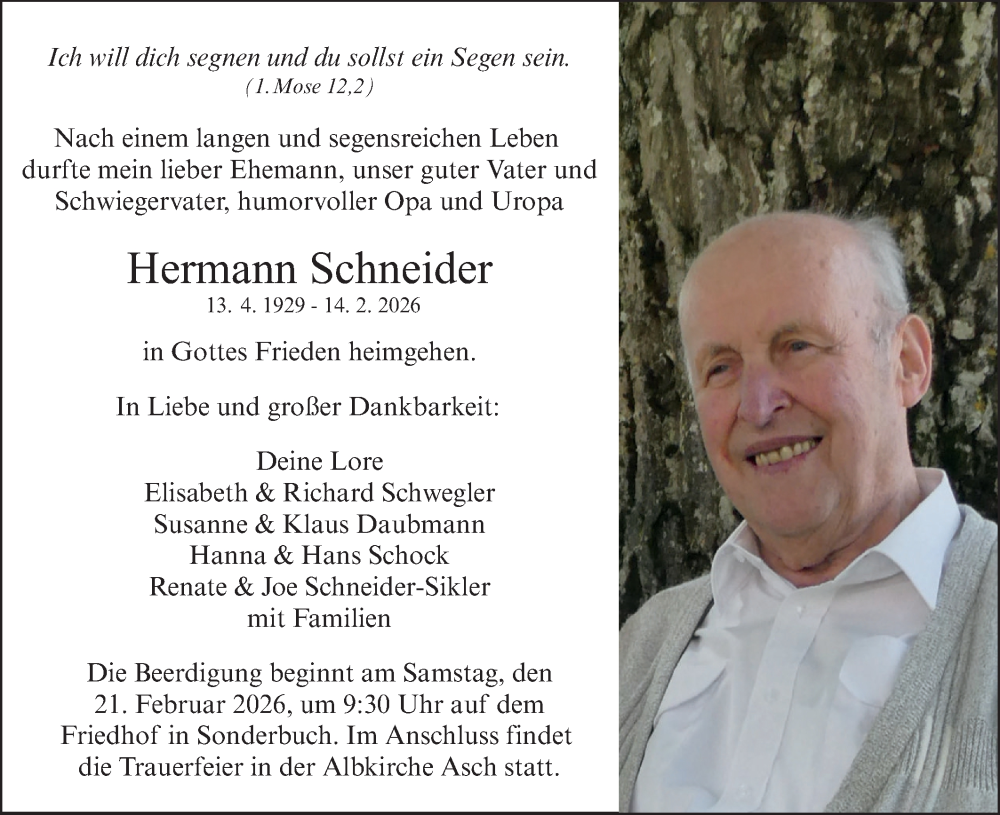  Traueranzeige für Hermann Schneider vom 18.02.2026 aus SÜDWEST PRESSE Ausgabe Ulm/Neu-Ulm/Ehingen/Das Blaumännle