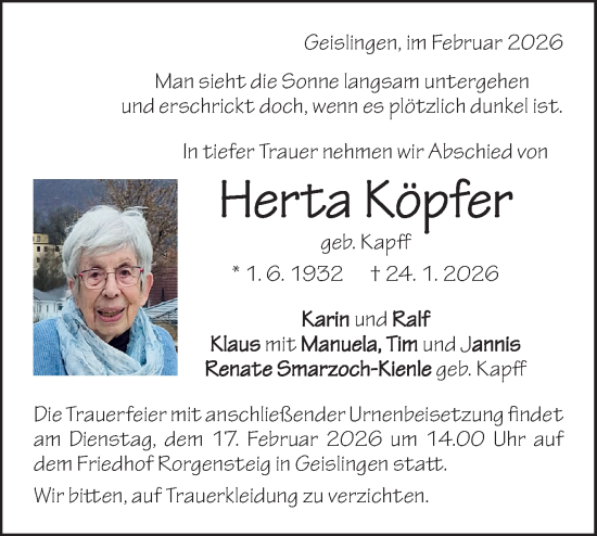 Traueranzeige von Herta Köpfer von Geislinger Zeitung