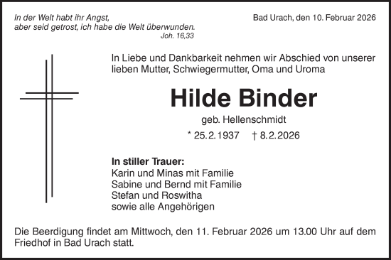 Traueranzeige von Hilde Binder von Alb-Bote/Metzinger-Uracher Volksblatt