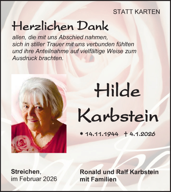 Traueranzeige von Hilde Karbstein von SÜDWEST PRESSE Zollernalbkreis