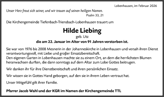 Traueranzeige von Hilde Liebing von Hohenloher Tagblatt