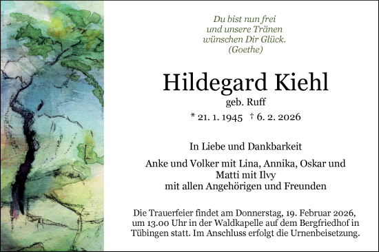 Traueranzeige von Hildegard Kiehl von Schwäbische Tagblatt