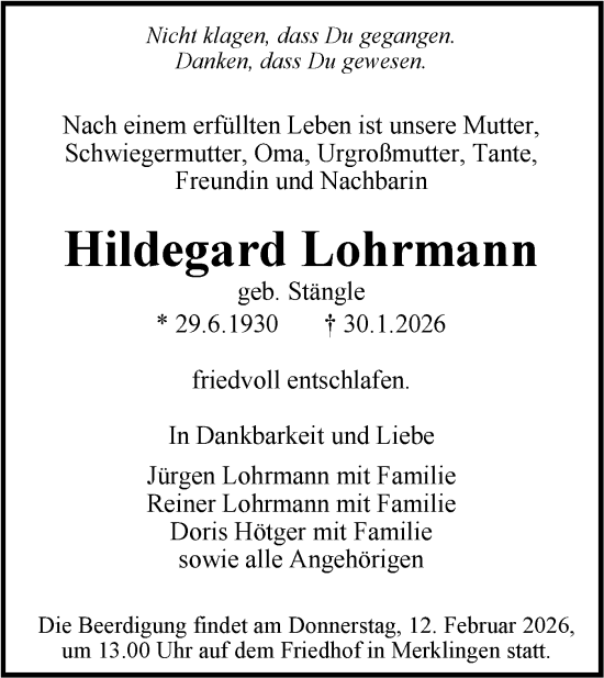 Traueranzeige von Hildegard Lohrmann von SÜDWEST PRESSE Ausgabe Ulm/Neu-Ulm/Ehingen