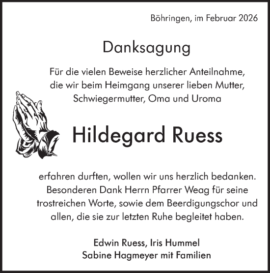 Traueranzeige von Hildegard Ruess von Alb-Bote/Metzinger-Uracher Volksblatt