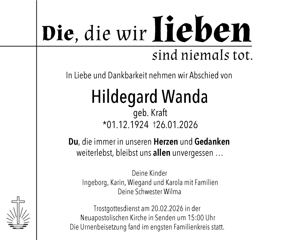  Traueranzeige für Hildegard  Wanda vom 14.02.2026 aus SÜDWEST PRESSE Ausgabe Ulm/Neu-Ulm/Ehingen