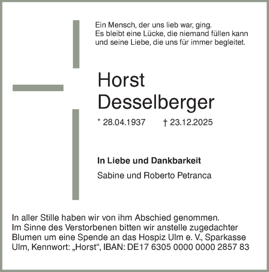 Traueranzeige von Horst Desselberger von SÜDWEST PRESSE Ausgabe Ulm/Neu-Ulm/Ehingen