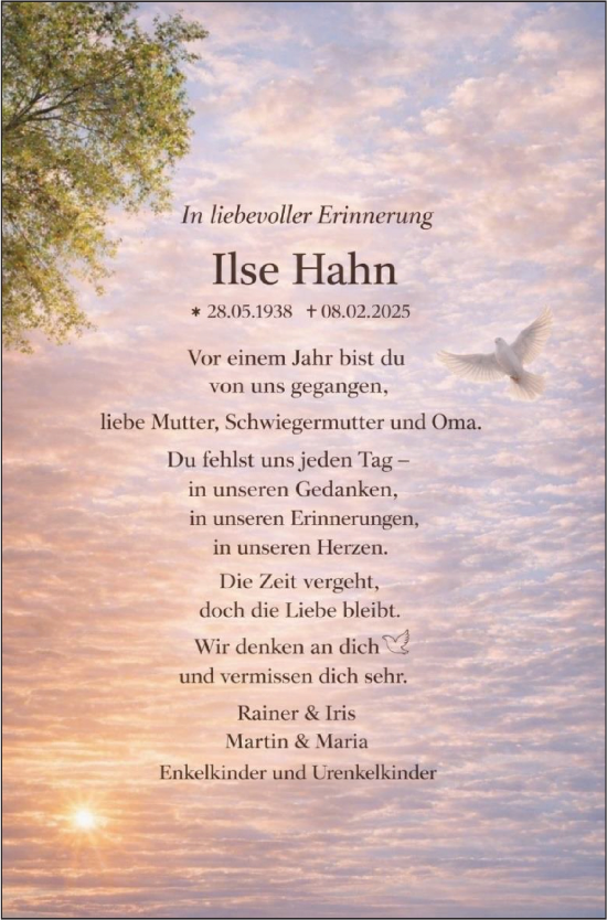 Traueranzeige von Ilse Hahn von SÜDWEST PRESSE Zollernalbkreis