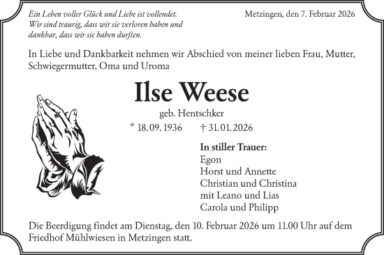 Traueranzeige von Ilse Weese von Alb-Bote/Metzinger-Uracher Volksblatt