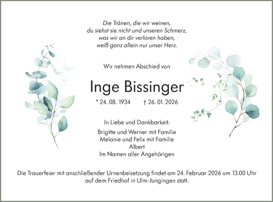 Traueranzeige von Inge Bissinger von SÜDWEST PRESSE Ausgabe Ulm/Neu-Ulm/Ehingen