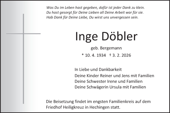 Traueranzeige von Inge Döbler von SÜDWEST PRESSE Zollernalbkreis