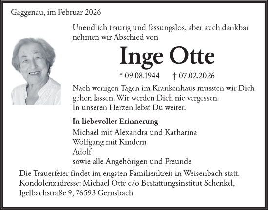 Traueranzeige von Inge Otte von Schwäbische Tagblatt