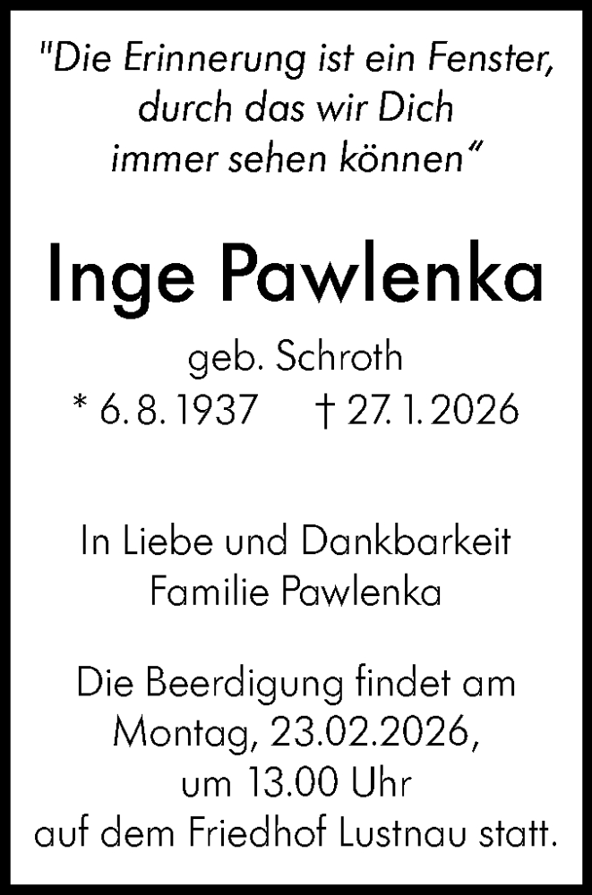  Traueranzeige für Inge Pawlenka vom 07.02.2026 aus Schwäbische Tagblatt