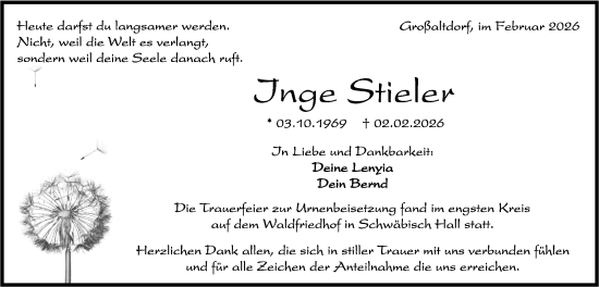 Traueranzeige von Inge Stieler von Rundschau Gaildorf