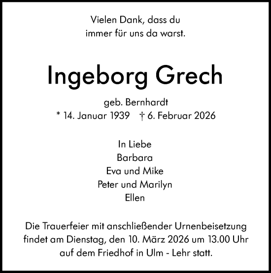 Traueranzeige von Ingeborg Grech von SÜDWEST PRESSE Ausgabe Ulm/Neu-Ulm/Ehingen