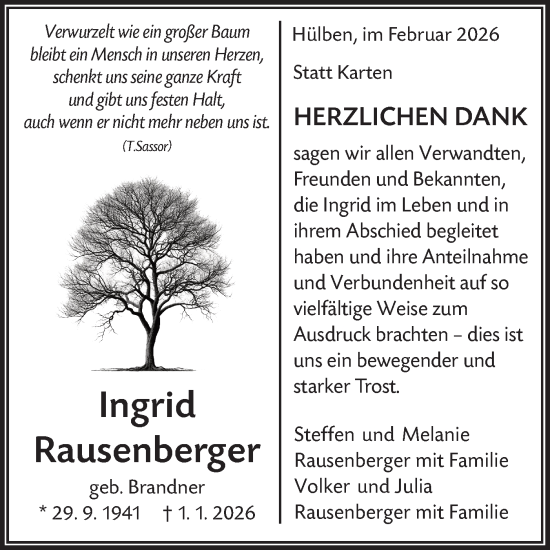 Traueranzeige von Ingrid Rausenberger von Alb-Bote/Metzinger-Uracher Volksblatt