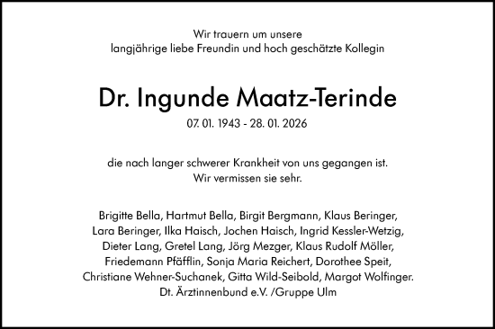 Traueranzeige von Ingunde Maatz-Terinde von SÜDWEST PRESSE Ausgabe Ulm/Neu-Ulm/Ehingen