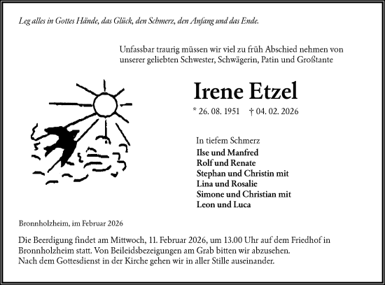 Traueranzeige von Irene Etzel von Hohenloher Tagblatt