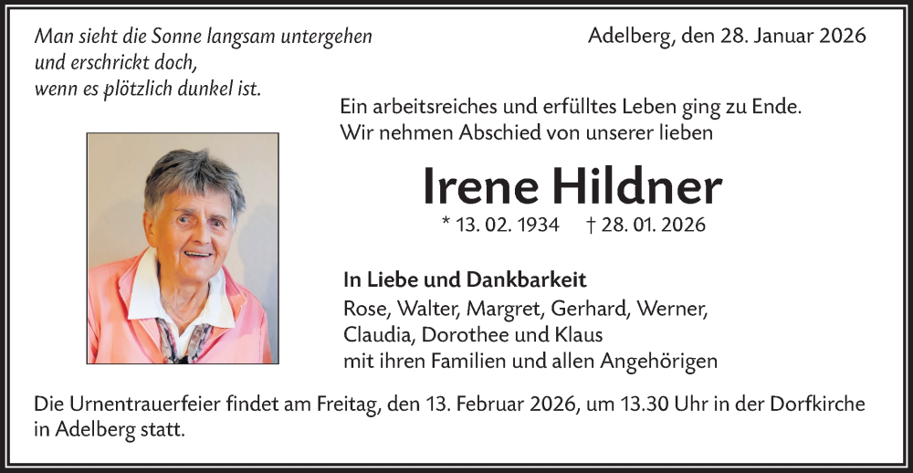  Traueranzeige für Irene Hildner vom 07.02.2026 aus NWZ Neue Württembergische Zeitung