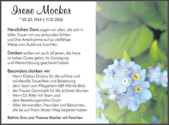 Traueranzeige von Irene Mocker von SÜDWEST PRESSE Zollernalbkreis