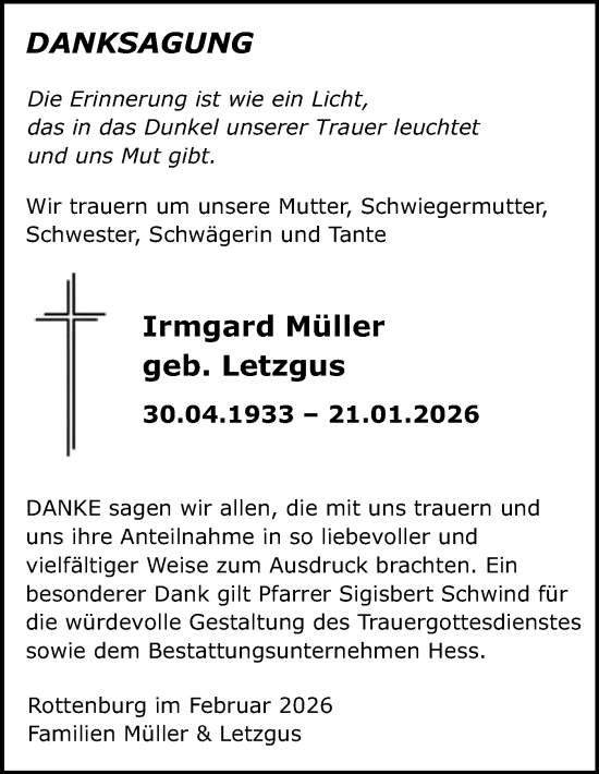 Traueranzeige von Irmgard Müller von Schwäbische Tagblatt
