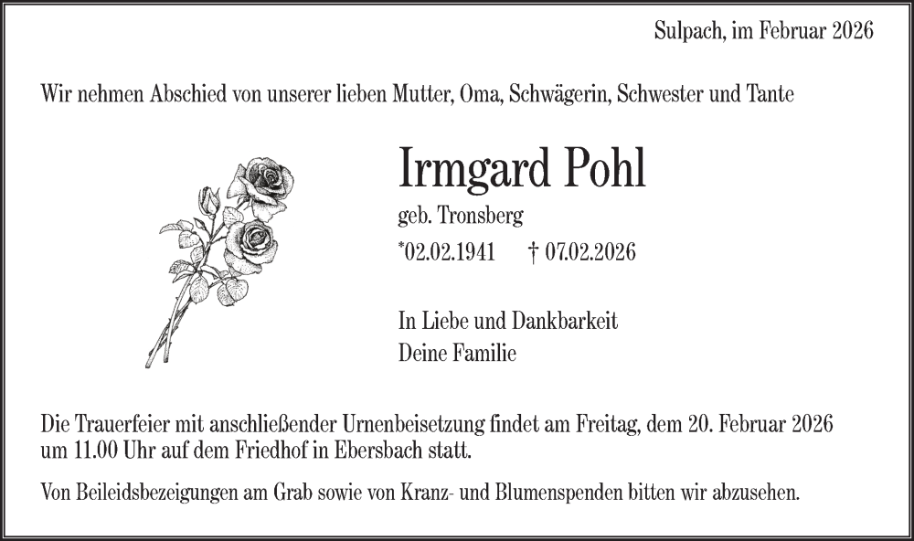  Traueranzeige für Irmgard Pohl vom 14.02.2026 aus NWZ Neue Württembergische Zeitung