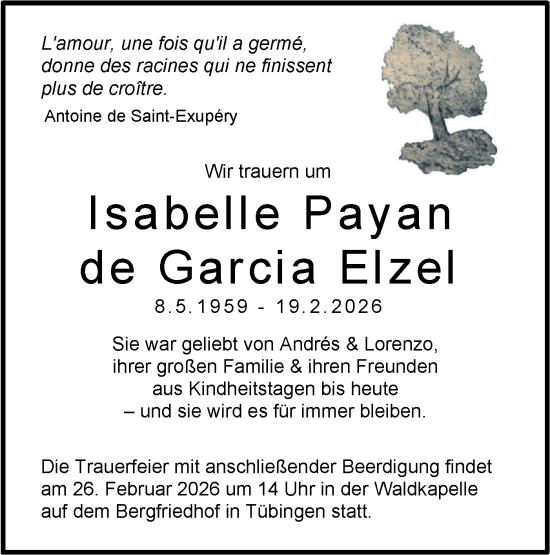 Traueranzeige von Isabelle Payan  de Garcia Elzel von Schwäbische Tagblatt