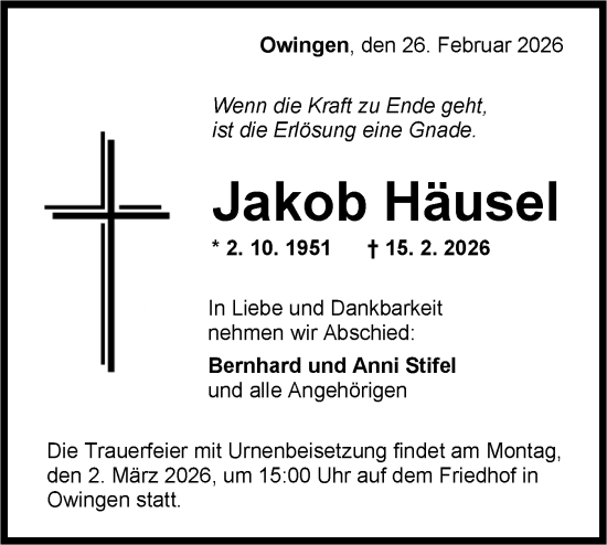 Traueranzeige von Jakob Häusel von SÜDWEST PRESSE Zollernalbkreis