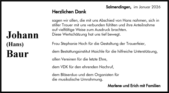 Traueranzeige von Johann Baur von SÜDWEST PRESSE Zollernalbkreis