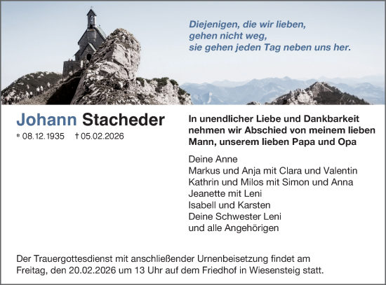 Traueranzeige von Johann Stacheder von Geislinger Zeitung