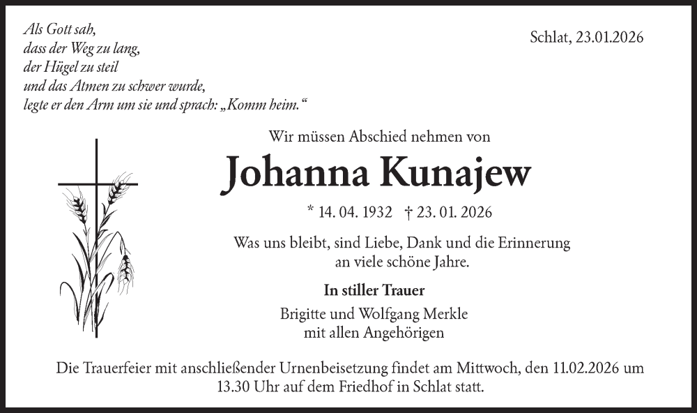  Traueranzeige für Johanna Kunajew vom 05.02.2026 aus NWZ Neue Württembergische Zeitung