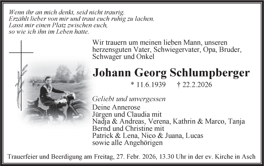  Traueranzeige für Johann Georg Schlumpberger vom 25.02.2026 aus SÜDWEST PRESSE Ausgabe Ulm/Neu-Ulm/Ehingen