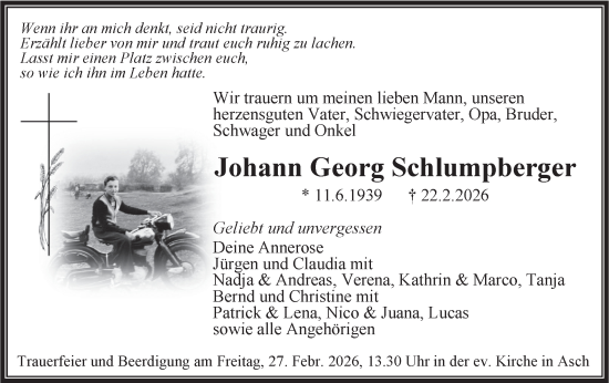 Traueranzeige von Johann Georg Schlumpberger von SÜDWEST PRESSE Ausgabe Ulm/Neu-Ulm/Ehingen