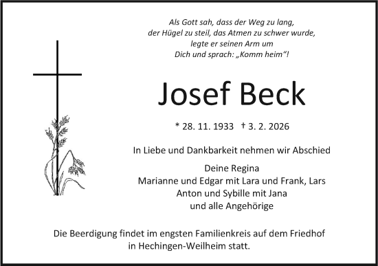 Traueranzeige von Josef Beck von SÜDWEST PRESSE Zollernalbkreis