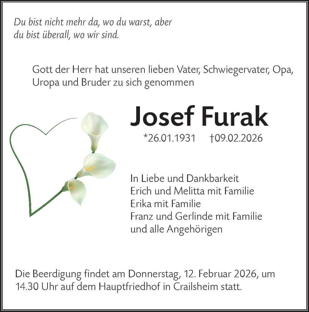  Traueranzeige für Josef Furak vom 11.02.2026 aus Hohenloher Tagblatt