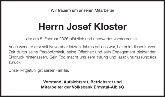 Traueranzeige von Josef Kloster von Alb-Bote/Metzinger-Uracher Volksblatt