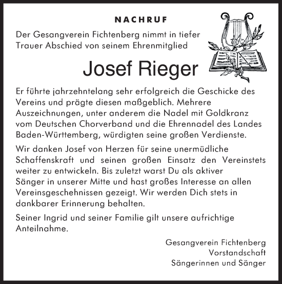 Traueranzeige von Josef Rieger von Rundschau Gaildorf